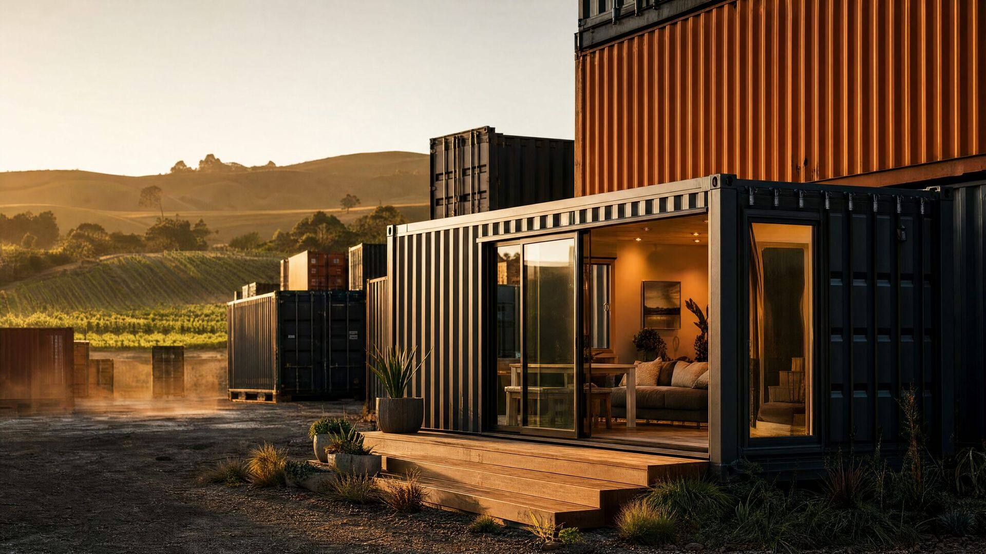 A shipping container converted into a modern tiny home at golden hour in Hawke's Bay, with stacked containers and vineyard hills behind it